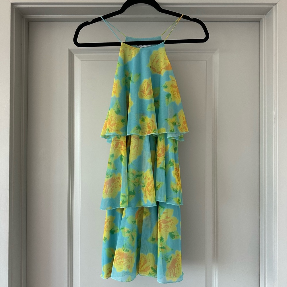 Zara Kids Floral Tiered Dress in Blue and Yellow